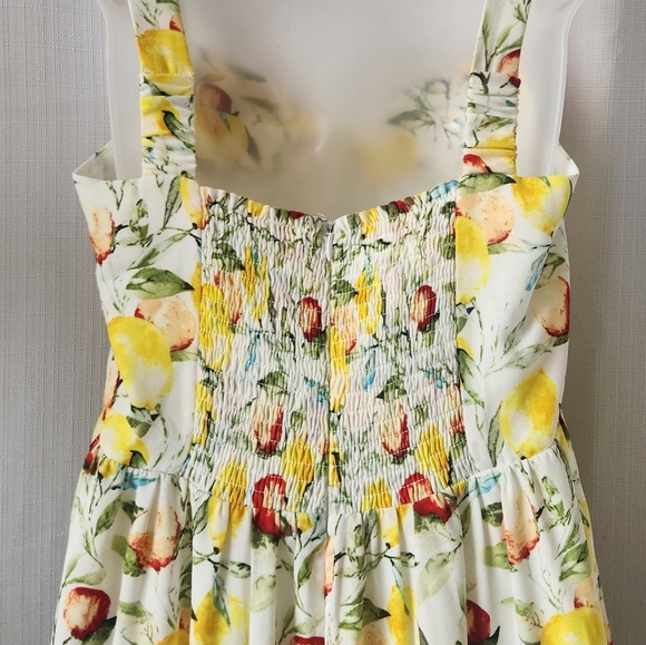 Aqua Fruit Medley Tiered Yellow Sweetheart Neckline Midi Sundress Size L - Picture 10 of 11
